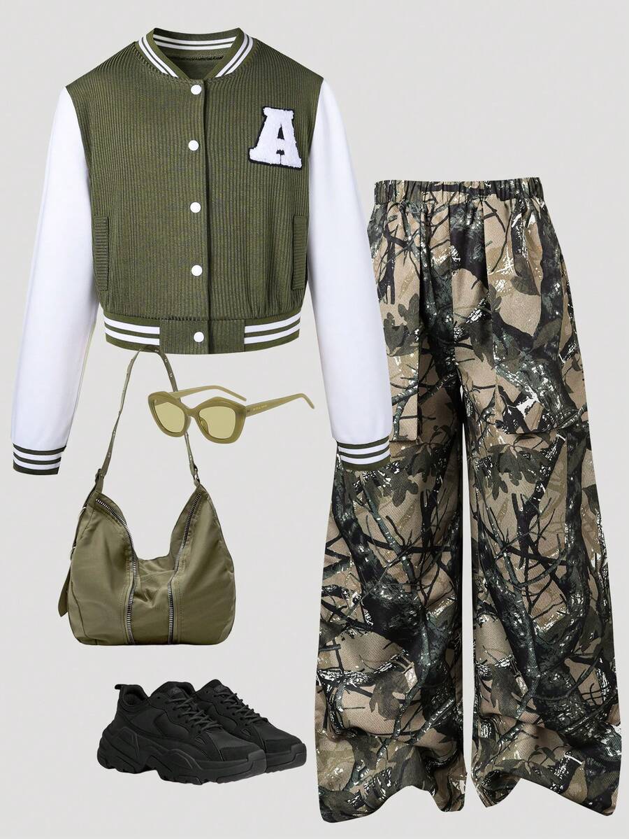 2pcs/Set Tween GirlsWaffle Bomber Jacket And Tree Branch Print Straight Leg Pants, Autumn/Winter