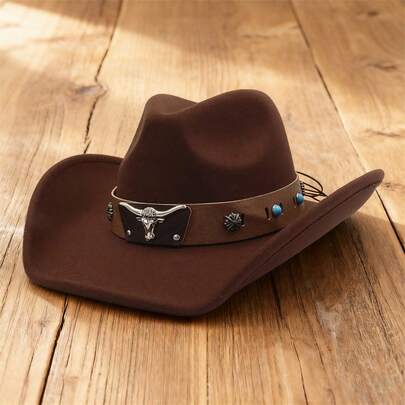 Adults Western Cowgirl Hats Fashionable Bull Head Wide Brim Fedora Caps For Daily Life And Party
