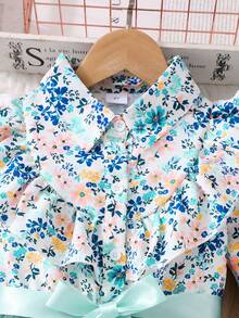 Tween Girl Long Sleeve Floral Print Mesh Dress With Tie Waist, Party Occasion Dress - Green - View 3