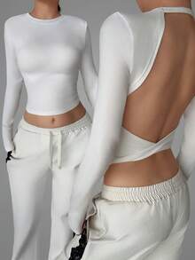 Women's Solid Color Casual Fashionable Versatile Sexy Elegant Hollow Out Twist Back Backless Long Sleeve T-Shirt, Suitable For Back To School Season, Street, Daily Commute, Vacation, Party, Date, Valentine's Day, Christmas