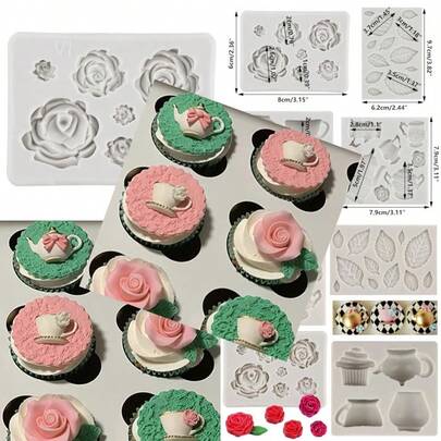 Tea Party Cake Mold Teapot Fondant Molds Tea Cup Silicone Mold Rose Flower Leaves Chocolate Molds For Cake Decorating Cupcake Topper Candy Polymer Clay Gum Paste Set Of 4