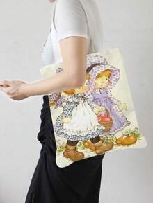 Bolso de tela con impresión de niña de dibujos animados vintage a doble cara, bolso de compras con estampado de flores, estilo bohemio y académico, ideal para regalos de Otoño, Acción de Gracias y Pascua, adecuado para uso diario, picnics, vacaciones en la playa, trabajo y escuela, 16in*14in