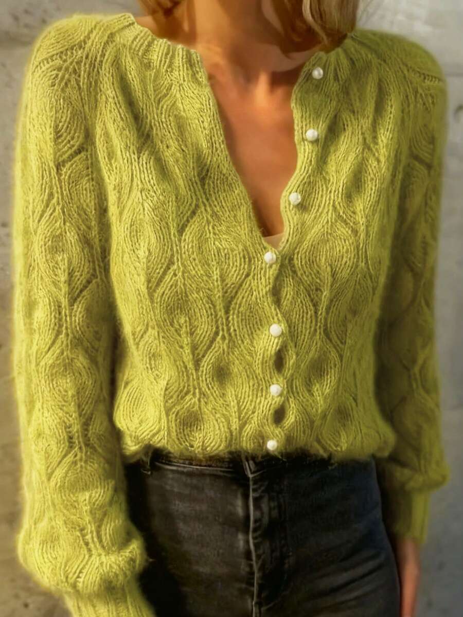 灰色纯色珍珠纽扣圆领长袖优雅开衫，适合秋季办公室、派对和社交场合穿着 | 穿着舒适 - 橄欖綠 - 查看 1