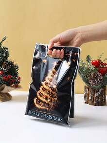 10/25/50个装黑色金色圣诞礼品袋，驯鹿和圣诞树图案塑料手提袋，圣诞派对用品，圣诞快乐装饰袋，圣诞庆祝小礼品袋，圣诞户外装饰，2026新年装饰，圣诞礼物，派对小礼品 - 黑色金色聖誕 - 查看 3