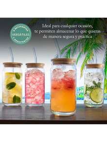 SELECTSHOP Set De 4 Vaso Tipo Lata De Vidrio Con Tapas Popotes De Vidrio Y Cepillo De Limpieza Vasos para Cerveza Taza de Café Helado Vasos de Cóctel Adecuados para Agua Jugo Sodaé Regalo (Set De 4) - Juego de 6 piezas - Ver 10
