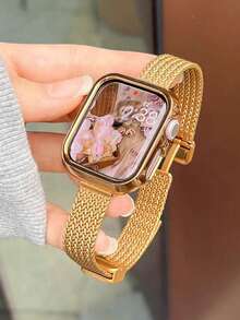 1 pièce Bracelet compatible avec Apple Watch pour femmes, bracelet en métal magnétique étroit de 14 mm de large, doré, compatible avec les tailles d' 46/45/41/40/42/38/49/44 mm, convient pour Apple Watch SE/S11/10/9/8/7SE4/5/6/3/2/1 Ultra 3/2/1, design à motif tressé, bracelet de montre intelligent en métal fin pour l'automne et l'hiver. Accessoires , bracelet de montre doré - Doré - Voir 11