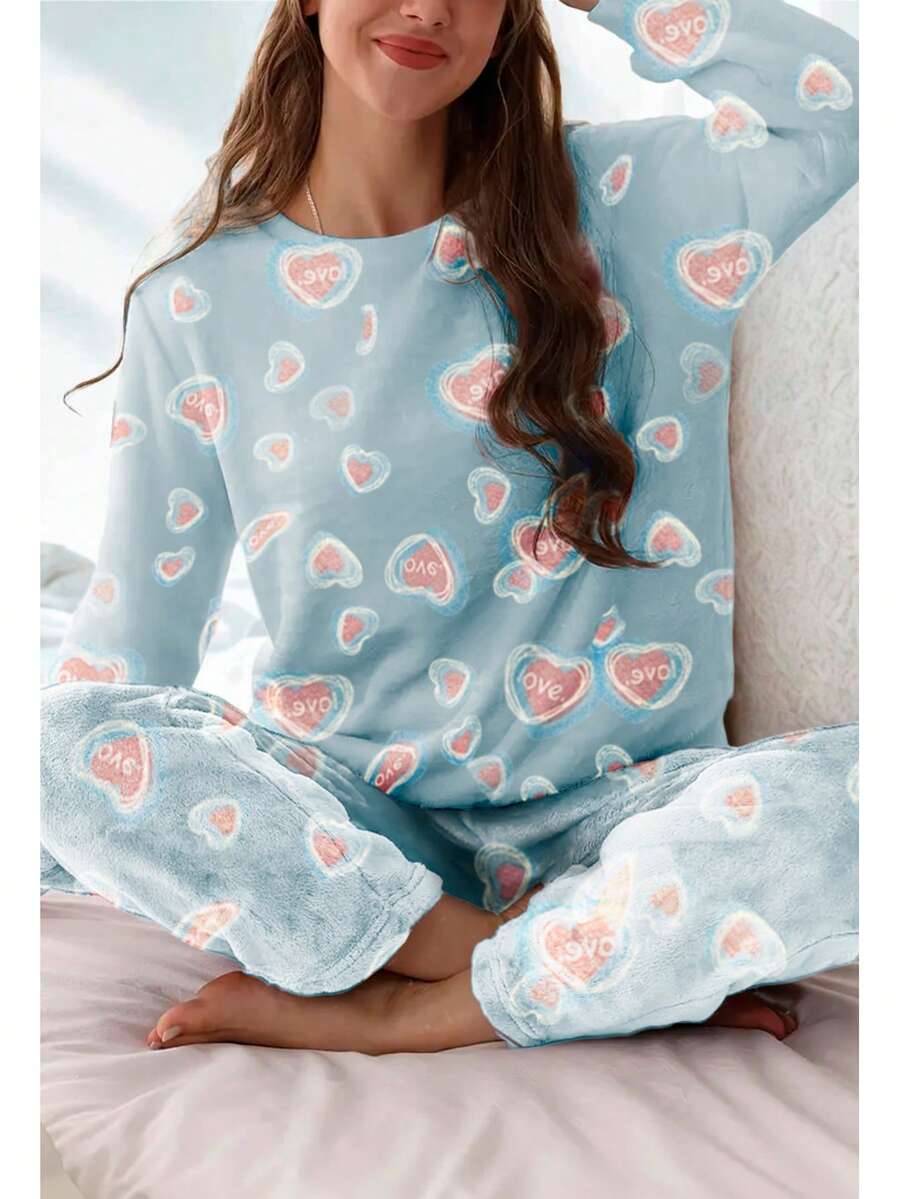 Conjunto de Pijama Para el Hogar Afelpada con Pantalon Largo y manga Larga Estampados Piezas para Mujer Invierno Clasica - Azul Corazon - Ver 1