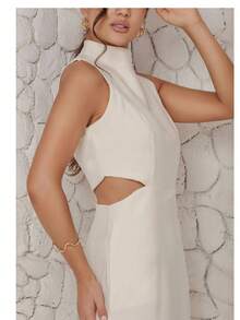 Women's Long Tailored Dress, High Neck, Side Slit, Side Opening Detail, Comfortable, With Pockets, Elegant - trắng - Xem 8