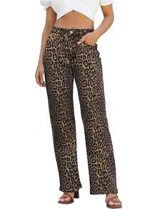 Jeans High Waisted Straight Leg Loose Jeanshalloween - 咖啡豹紋 - 查看 12