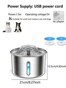 3L/101.45 Fl Oz/0.793 Gallon Stainless Steel Automatic Cat Water Dispenser | Quiet USB Powered Pet Feeder With Water Level Indicator And Blue LED Light, Durable Metal Structure, Fashionable Metal Appearance, Battery-Free - Multicolor - View 9