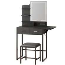 Tomnk Makeup Vanity Desk With Mirror And Lights, Small Vanity With Fabric Storage Drawer & Chair & Shelves, White Vanity With Fold-Up Panel And Power Outlet For Bedroom, Bedroom Furniture(The Light Strip Is Powered By USB) - 美規B型插(110-127V) - 查看 12