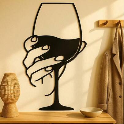 ¡Disponible en 3 tamaños! Decoración de pared de metal con diseño de línea de copa de vino, arte moderno para interiores y exteriores