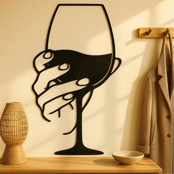 3 Größen verfügbar! Liniengrafik Weinglas Metall Wanddekoration, moderne Innen- und Außenkunst