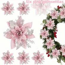 20pcs Glitter Poinsettia Artificial Christmas Flowers With Clips - Sparkling Blue & Pink Floral Garland Ornaments For Holiday Tree Decor, Wedding, And Party Decorations, Christmas Decorations - 10flower+10Clips - View 11