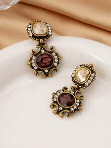 1 Pair Retro Geometric Oval Rhinestone Stud Earrings, Vintage Earrings, Suitable For Gifts, Holiday Gifts - 彩色 - 查看 2