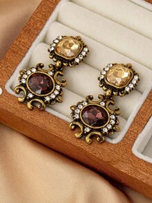 1 Pair Retro Geometric Oval Rhinestone Stud Earrings, Vintage Earrings, Suitable For Gifts, Holiday Gifts - 彩色 - 查看 3