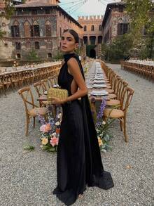 Basrey 新款优雅女士纯色吊带纽扣高腰缎面露背收腰派对长裙，适合婚礼、晚宴、约会和其他场合。 - 黑色 - 查看 9