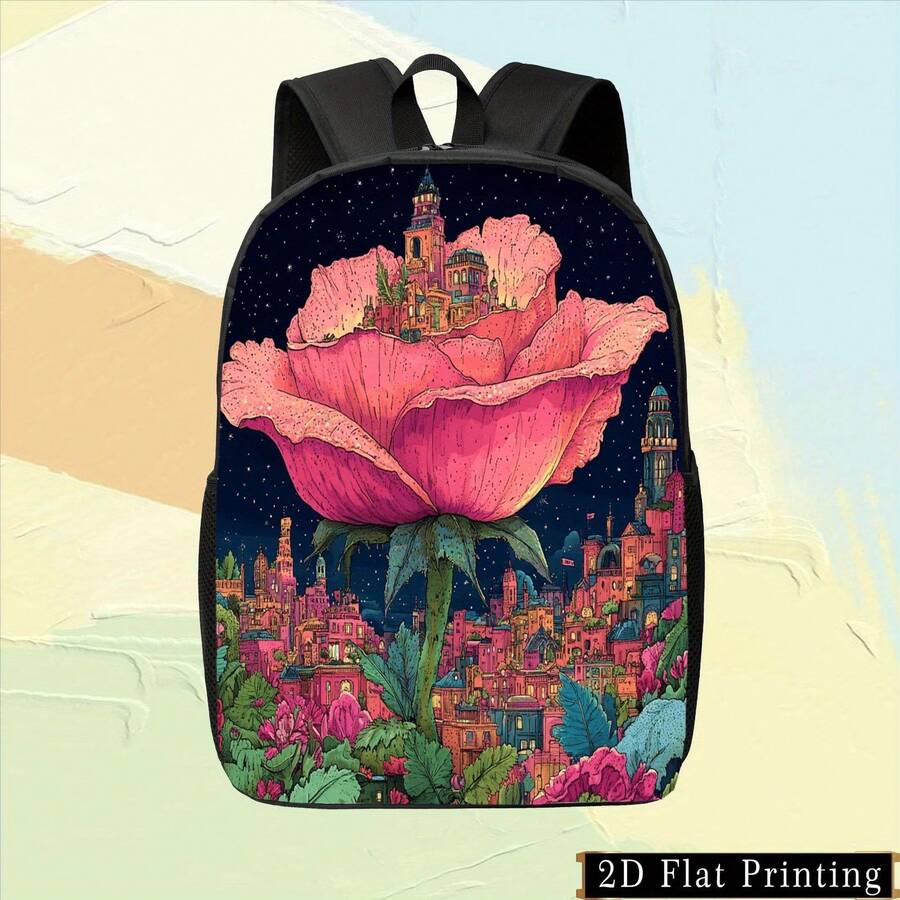 1PC Colorful Single-Sided Printed Student Backpack Pink Rose Print Starry Sky City Landscape Hand Washable Backpack Personalized Zipper Multi-Use Shoulder Strap Back And Waist Protection Design Backpack, Fashionable IPad Laptop Backpack, Large Space, Multi-Category Compartments Full Print Body, Handheld Design With Adjustable Shoulder Straps, Elastic Pockets On Both Sides Of The Backpack, Suitable For Men And Women For Campus, Travel, Outdoor, Sports Lightweight Backpack - Mix - View 1