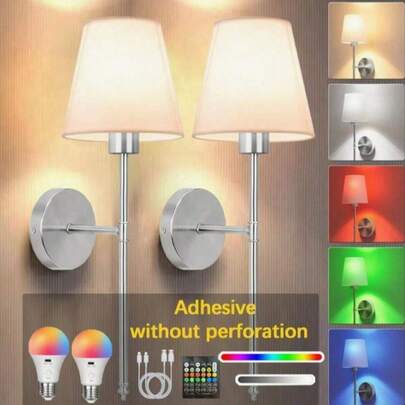 2pcs Modern Wireless Charging Wall Lamp Set - Dimmable Bulb, 10 Color Changing Modes (Chrome), Wall Lamp/Mirror Lamp/Wall Art Lamp With Touch & Remote Control, Suitable For Living Room, Bedroom, Studio, Stairway, Hotel Home Decor (Bulb Included)