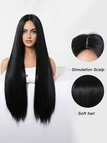 28 英寸黑色长款合成直发假发是一款耐热女士假发，适合日常派对和万圣节假发 - 黑色 - 查看 8