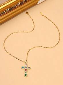 1pc Copper Material Micro-Inlaid Colorful Zirconia Cross Pendant, Luxurious & Generous, Titanium Steel Lip Chain, Religious Jewelry Gift, Essential For Women's Daily Commute - 金子 - 查看 3