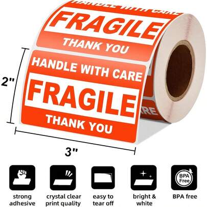 500pcs/Roll Fragile Stickers Roll - "Handle With Care" "Fragile"Warning Labels, Red & White, Thank You Message, Ideal For Shipping Of Delicate Items