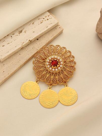 1 pieza Broche floral vintage elegante de aleación de cobre chapado en oro con borla de moneda, hueco, con incrustaciones de rhinestone y perla, adecuado para uso diario de mujeres y como regalo de vacaciones