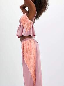 Women's Y2K Lace Patchwork Pajama Sets Spaghetti Strap Ruffled Babydoll Flowy Cami Tank Tops With Wide Leg Pants Summer Fall 2Pcs Soft Sleepwear Loungewear - Hồng - Xem 3