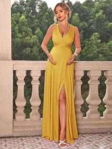 Joyfunear Váy bầu trơn cổ chữ V xẻ tà phía trước không tay, mùa hè - Màu vàng - Xem 5