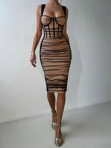 Đầm ôm sát dáng đuôi cá thanh lịch, gợi cảm dành cho nữ, phối màu tương phản, chất liệu lưới, xếp nếp, thích hợp cho các buổi hẹn hò hàng ngày, tiệc Halloween, Giáng sinh, Năm mới, Ngày lễ tình nhân và các buổi tiệc cocktail, màu đen, mùa xuân. - màu đen - Xem 2