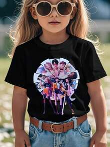 Halloween ' K-Pop Girls Group Graphic T-Shirt - Cute Chibi K-Pop Idol Design With Dynamic Poses & Vibrant Colors, Short Sleeve Round Neck Casual Tee For Boys & Girls, Machine Washable All-Season Comfort Fit For Concerts & Casual Attire, T Shirt Suitable For Spring And Summer, Comfortable And Fashionable, Suitable For Casual Travel And Festival Events, Party Wear Children's T-Shirt, Girls' Clothing, Girls' Tops, Girls' T-Shirts, 100% Cotton, Boys Shirt,Shirts For Boys,Ropa De Niña,Kids Clothes Girl,Kids Costume,Halloween Costumes For Kids,Young Girls Clothing,Kids Fall Clothes,Casual Tee, Perfect Christmas & Holiday Gift For Boys And Girls, Halloween Shirts For Children Kids Clothes