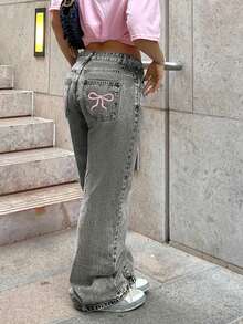 女士经典刺绣后袋直筒休闲牛仔裤，长款春季款 - 灰色 - 查看 4