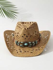 1 件男女通用绿松石装饰镂空草编牛仔帽，沙滩夏季帽，休闲防紫外线 - 卡其色 - 查看 7