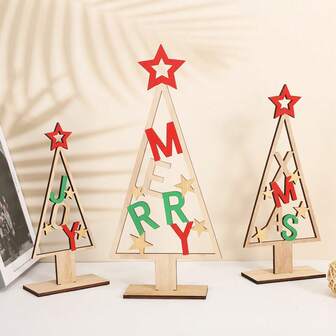 1 件/3 件 2D 平面圣诞树家居装饰、桌面/办公室派对装饰、木制圣诞饰品，带有 XMAS/JOY/MERRY 图案