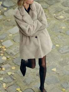 Camellia Fluffy Faux Fur Collar Loose Women Coat Jacket, Autumn/Winter - Light Grey - View 9