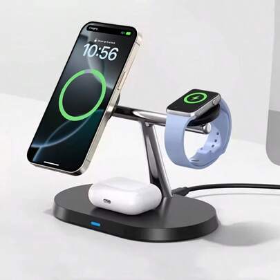 3 In 1 Magnetic Wireless Charger Stand For Multiple Devices Magnet Nightstand Fast Charging Dock Station Holder Compatible With IPhone 17/16/15/14/13/12 Pro Max Plus Mini Series, Compatible With Apple Watch Ultra/SE/11/10//9/8/7/SE/6/5/4/3/2, Compatible With AirPods 4/3/2/Pro With Wireless Charging Case