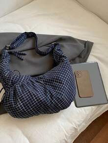 日式格子单肩包，时尚褶皱蝴蝶结拉链斜挎包，学生/大学生轻便可折叠布包，适合购物、日常通勤，新月包 - 彩色 - 查看 8