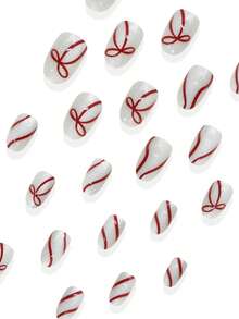 Upgrade Your Look,24Pcs Short Oval Full Coverage Removable Glossy Cat's Eye False Nails For Women,Christmas Red Ribbon Bow Pattern Design Nail Art,Minimalist, Romantic, Elegant, And Fashionable Style - White - View 2