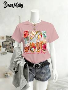 DEAR MOLLY Summer Beach Themed Print Round Neck Short Sleeve T-Shirt, Suitable For Parties, Gatherings And Various Occasions, All-Season, An Ideal Gift For Mom - Baby Pink - View 3