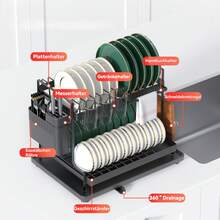 Cestelli per piatti, scolapiatti a 2 ripiani, scolapiatti, griglia di scolo con vassoio, con portacoltelli e porta tagliere, nero