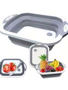 1pcs Collapsible Cutting Board - Foldable Multi-Function Dish Tub - Washing And Draining Veggies Fruits Sink Storage Basket(8.5 Quart) - New Kitchen And Camping Essentials - 白灰色 - 查看 2