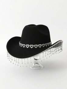 1pc Unisex Solid Color Water Drop Tassel Pendant Western Cowboy Hat Boho Ridge Cowgirl Hat Panama Hat Sun Hat Jazz Hat Soft Felt Fedora Hat - Black - View 7