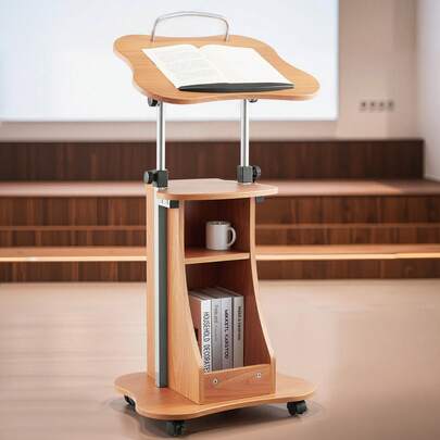 Podium Stand, 43-Inch Wooden Lectern, Portable Laptop Desk With Lockable Wheels, Wide Reading Surface And Open Storage Area, Adjustable Height And Angle, For Speeches, Lectures, Or Presentations