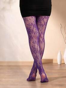 1 Pair Women Floral Jacquard Fishnet Tights/Leggings - Purple - View 3