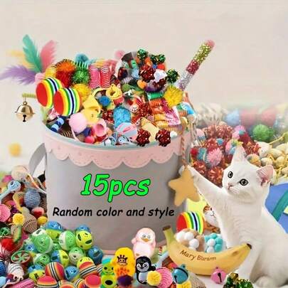 15pcs Random Assorted Cat Toys, Interactive Cat Toys For Chewing, Biting, Scratching, Feather Toys, Suitable For Various Feline Pets, Variety Of Styles, Colors And Shapes To Choose From Daily