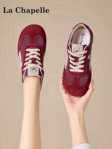 1 đôi giày nữ La Chapelle đế dày buộc dây, đế mềm, giày bệt cổ thấp ngoài trời, mũi tròn, gót thấp, màu trơn, thanh lịch, đế mềm, thích hợp cho sinh viên chụp ảnh tốt nghiệp, giày thể thao da cổ thấp nữ - Đỏ cổ điển - Xem 8