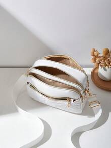 1个女士休闲通勤斜挎包，4个拉链设计，纯色个性时尚波浪图案，舒适的手提带和肩带，大容量，适合旅行、购物、通勤 - 白色 - 查看 6