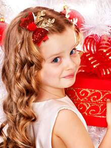 2 件闪亮圣诞鹿角蝴蝶结可爱女婴发夹，适合日常和节日装扮 - 彩色 - 查看 5