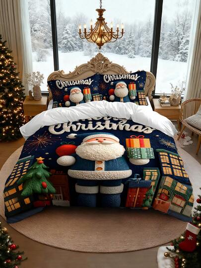 2/3pcs Christmas Holly Tree, Gift, Snowflake, Deer, Santa Claus Pattern Digital Printing Brushed Duvet Cover Set, Soft & Comfortable, Suitable For Bedroom, Guest Room, Game Room, Hotel, School Dormitory
