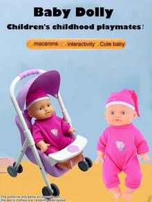 26厘米逼真娃娃，会小便、喝水、发出4种声音，配有奶瓶和安抚奶嘴，粉色小床，连衣裙图案随机发送，是送给女孩的过家家礼物。